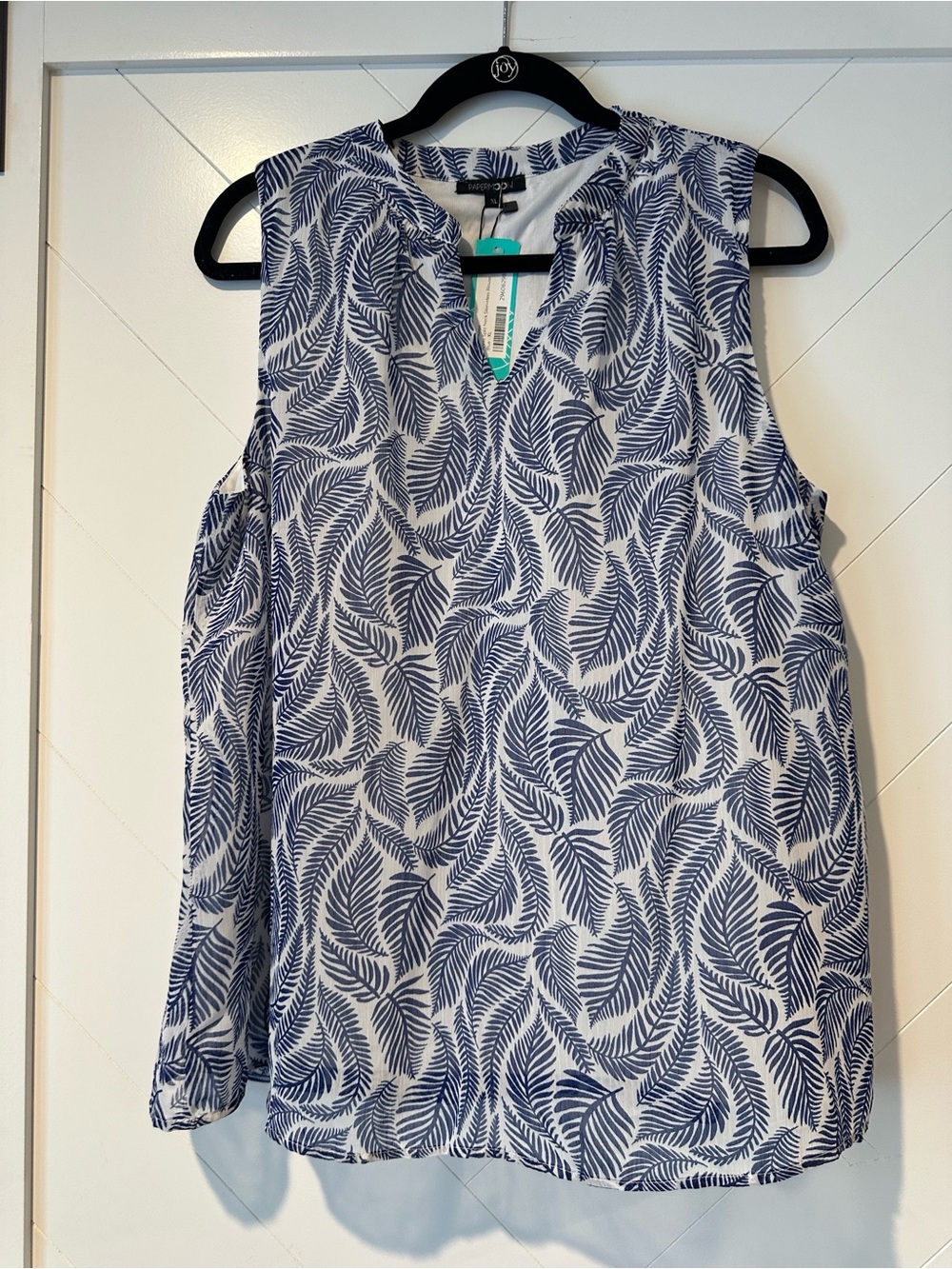 Papermoon Navy and White Leaf-Print Sleeveless V-Neck Top